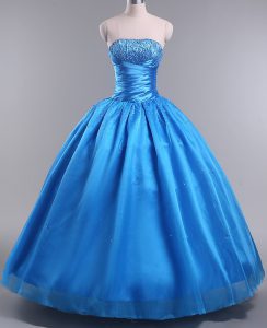 Custom Designed Strapless Sleeveless Lace Up Quinceanera Dress Blue Organza