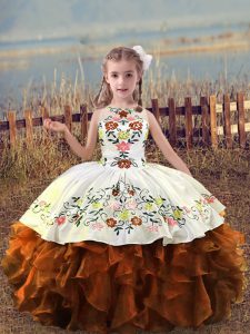 Top Selling Organza Scoop Sleeveless Lace Up Embroidery and Ruffles Little Girl Pageant Gowns in Rust Red