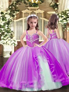 Great Tulle Spaghetti Straps Sleeveless Lace Up Beading Little Girls Pageant Dress in Purple