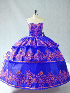 Spectacular Blue Ball Gowns Sweetheart Sleeveless Embroidery and Ruffles Floor Length Lace Up Quinceanera Dress