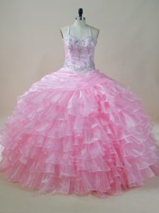 Adorable Baby Pink Sleeveless Organza Lace Up 15th Birthday Dress for Sweet 16 and Quinceanera