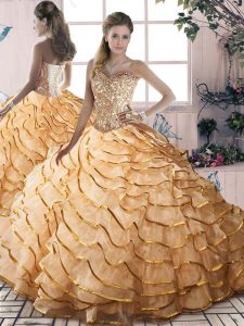 New Arrival Gold Sleeveless Beading and Ruffled Layers Lace Up Sweet 16 Dresses