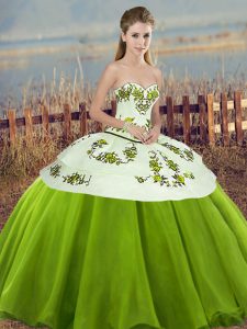 Glamorous Olive Green Tulle Lace Up Sweetheart Sleeveless Floor Length 15 Quinceanera Dress Embroidery and Bowknot