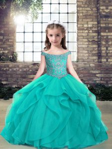 Teal Sleeveless Floor Length Beading Lace Up Kids Pageant Dress
