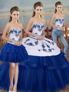 Exceptional Royal Blue Three Pieces Embroidery and Bowknot Quinceanera Gown Lace Up Tulle Sleeveless Floor Length