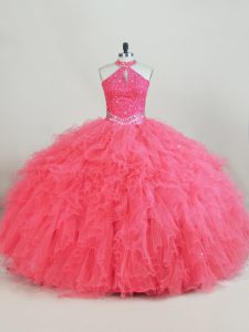 Pink Halter Top Neckline Beading and Ruffles Quinceanera Gowns Sleeveless Lace Up