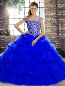 Captivating Royal Blue 15 Quinceanera Dress Tulle Brush Train Sleeveless Beading and Pick Ups