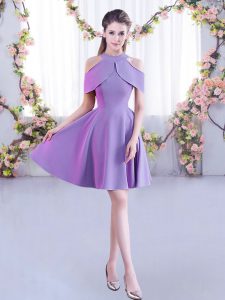 Modern Lavender Short Sleeves Ruching Mini Length Dama Dress