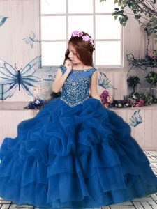 Charming Floor Length Zipper Pageant Dress for Teens Blue for Party and Military Ball and Wedding Party with Beading and Pick Ups
