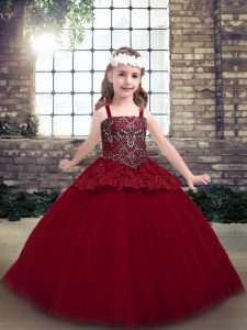 Inexpensive Tulle Straps Sleeveless Zipper Beading Little Girls Pageant Dress in Red