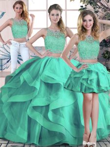 Luxury Scoop Sleeveless Sweet 16 Dresses Floor Length Beading and Ruffles Turquoise Tulle