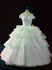 Gorgeous Off The Shoulder Sleeveless Sweet 16 Dress Brush Train Beading and Ruffled Layers Apple Green Organza