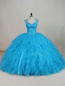 Colorful Floor Length Zipper Quinceanera Dress Baby Blue for Sweet 16 and Quinceanera with Beading and Ruffles