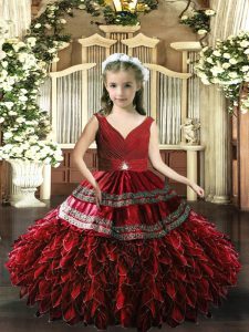Red Sleeveless Beading and Appliques and Ruffles Floor Length Little Girls Pageant Gowns