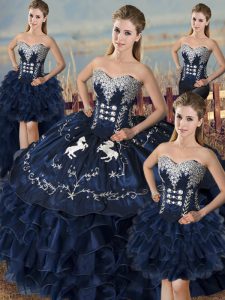 Perfect Navy Blue Sweetheart Lace Up Embroidery and Ruffles Sweet 16 Dresses Sleeveless