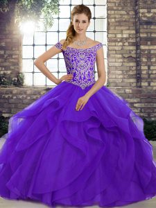 Purple Tulle Lace Up Quince Ball Gowns Sleeveless Brush Train Beading and Ruffles