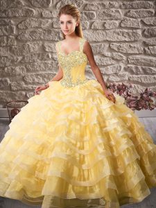 Gold Sleeveless Beading and Ruffled Layers Lace Up 15 Quinceanera Dress