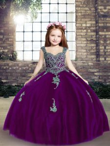 Purple Straps Lace Up Appliques Pageant Gowns For Girls Sleeveless