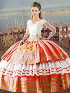 Custom Fit Sleeveless Satin Floor Length Lace Up Quinceanera Dress in White And Red with Embroidery and Ruffled Layers