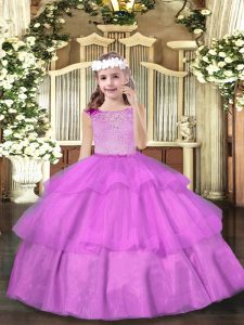 Cute Lilac Zipper Pageant Dresses Beading and Ruffled Layers Sleeveless Floor Length