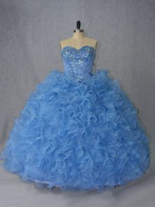 Sweetheart Sleeveless Quince Ball Gowns Brush Train Beading and Ruffles Blue Organza