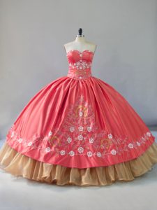 Fantastic Sleeveless Floor Length Embroidery Lace Up Sweet 16 Dresses with Watermelon Red
