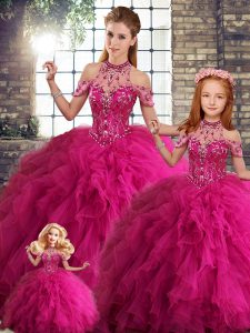 Adorable Beading and Ruffles Quinceanera Gowns Fuchsia Lace Up Sleeveless Floor Length