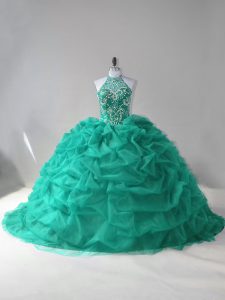 Turquoise Tulle Lace Up Sweet 16 Quinceanera Dress Sleeveless Court Train Beading and Pick Ups