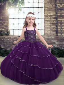 Excellent Tulle Straps Sleeveless Lace Up Beading and Ruffled Layers Glitz Pageant Dress in Eggplant Purple