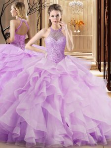 Ideal Lilac Organza Lace Up Sweet 16 Dresses Sleeveless Brush Train Beading and Ruffles