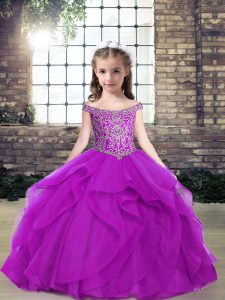 New Arrival Purple Lace Up Off The Shoulder Beading and Ruffles Pageant Gowns For Girls Tulle Sleeveless