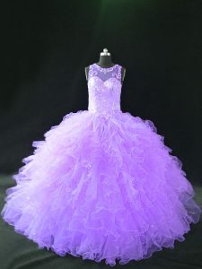 Super Beading and Ruffles 15th Birthday Dress Lavender Lace Up Sleeveless Floor Length