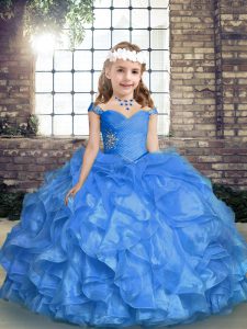 Floor Length Blue High School Pageant Dress Organza Sleeveless Beading and Ruffles and Ruching