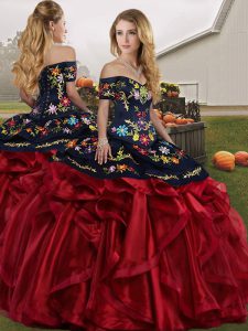 Flirting Red And Black Sleeveless Embroidery and Ruffles Floor Length Vestidos de Quinceanera