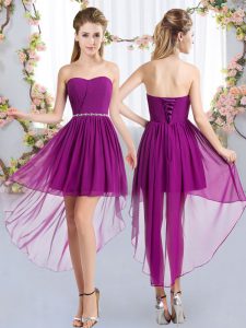 Spectacular Strapless Sleeveless Court Dresses for Sweet 16 High Low Beading Purple Chiffon