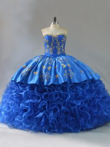 Sweetheart Sleeveless Lace Up Quinceanera Gowns Royal Blue Fabric With Rolling Flowers