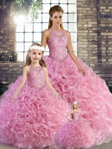 Chic Rose Pink Sleeveless Fabric With Rolling Flowers Lace Up Sweet 16 Quinceanera Dress for Military Ball and Sweet 16 and Quinceanera