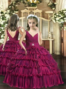 Customized Sleeveless Floor Length Backless Kids Pageant Dress in Fuchsia with Beading and Ruffled Layers