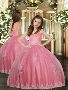 Straps Sleeveless Pageant Gowns For Girls Floor Length Appliques Watermelon Red Tulle