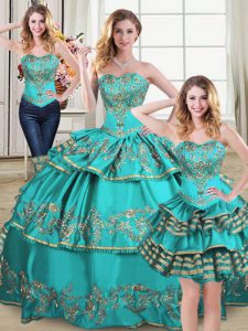 Aqua Blue Ball Gowns Sweetheart Sleeveless Organza Floor Length Lace Up Embroidery and Ruffled Layers Quinceanera Gown