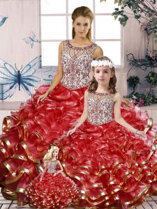 Floor Length Red 15 Quinceanera Dress Scoop Sleeveless Lace Up