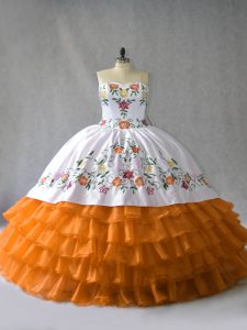 Stylish Floor Length Orange Sweet 16 Dresses Organza Sleeveless Embroidery and Ruffled Layers