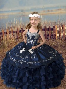 Floor Length Navy Blue Custom Made Pageant Dress Straps Sleeveless Lace Up