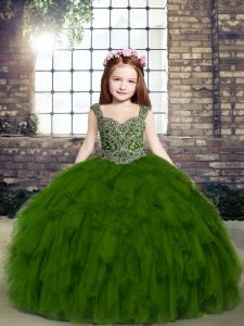 Olive Green Sleeveless Floor Length Beading and Ruffles Lace Up Little Girls Pageant Dress Wholesale