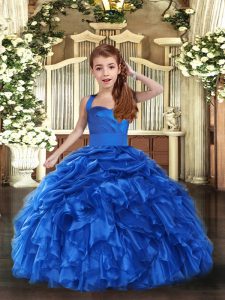 Royal Blue Straps Neckline Ruffles Kids Pageant Dress Sleeveless Lace Up