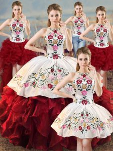 Modest White And Red 15th Birthday Dress Sweet 16 and Quinceanera with Embroidery and Ruffles Halter Top Sleeveless Lace Up
