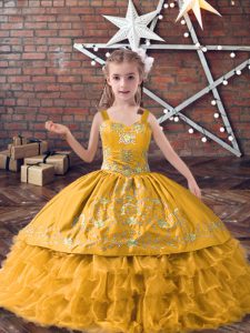 Gold Sleeveless Floor Length Embroidery and Ruffled Layers Lace Up Custom Made Pageant Dress