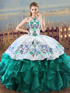Turquoise Halter Top Neckline Embroidery and Ruffles Sweet 16 Quinceanera Dress Sleeveless Lace Up