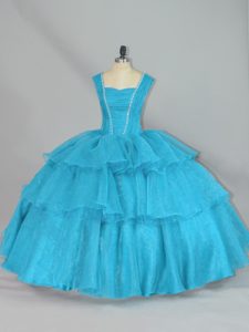 Aqua Blue Straps Neckline Beading and Ruffled Layers Ball Gown Prom Dress Sleeveless Lace Up