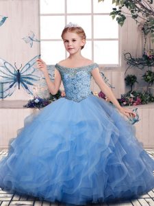 Fancy Off The Shoulder Sleeveless Lace Up Glitz Pageant Dress Blue Tulle